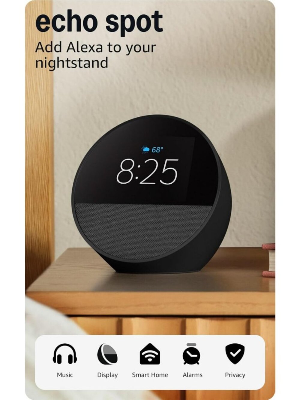 Smart Alarm Clock with Alexa, Compact Design for Nightstands & Offices, Black